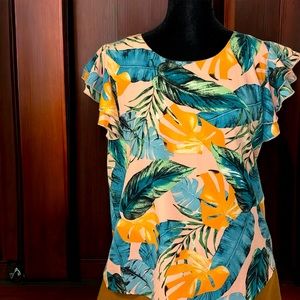 Pink w/ Orange, Green & Blue Leaf Print Short Sleeve Top